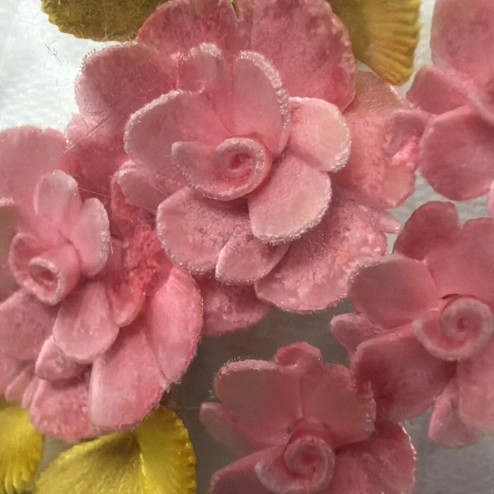 Vintage Clear Lucite Pin Brooch Rose Flower Bud Floral Pink Green Leaves
